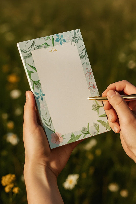 Person holding a floral notepad with a pen against a blurred natural background