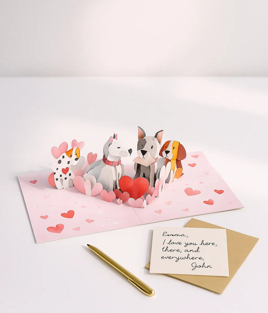 Pop-up card with cartoon dogs and hearts on a white background