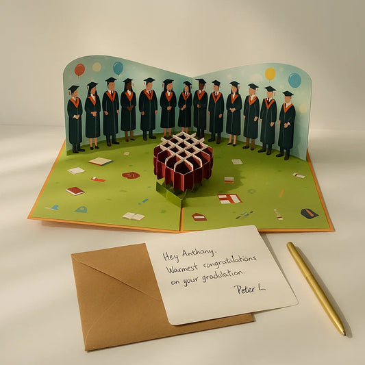 Graduation-themed pop-up card with graduates and a cake, accompanied by an envelope and pen on a light background.
