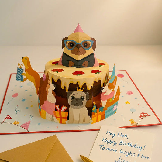 Greeting card with a cake design featuring cartoon dogs and a letter on a white surface.