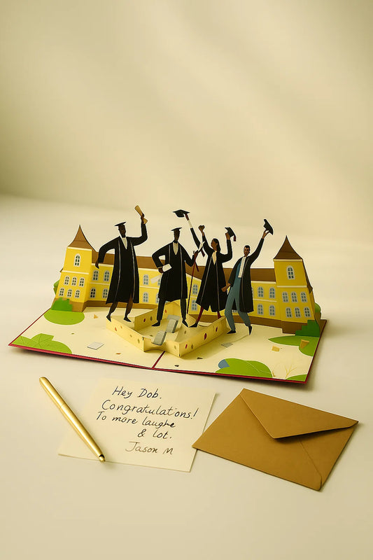 3D graduation card with students and building, accompanied by a pen and envelope on a light background