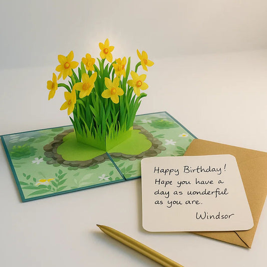 Pop-up card with yellow flowers and a pen on a white background