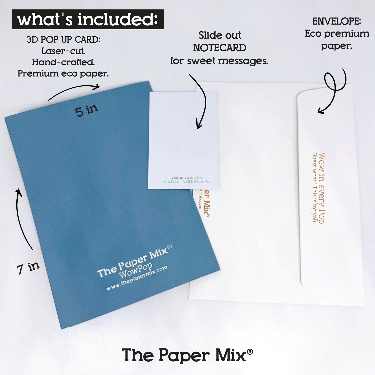 Blue 3D pop-up card with envelope and notecard, branded 'The Paper Mix'.