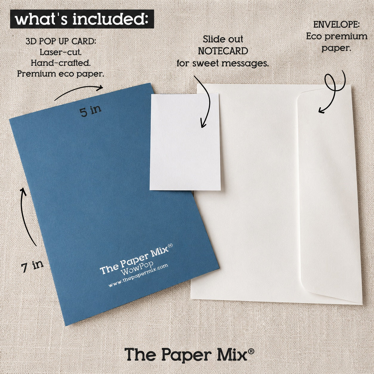 Blue 3D pop-up card with white notecard and envelope on a beige background, featuring 'The Paper Mix' branding.