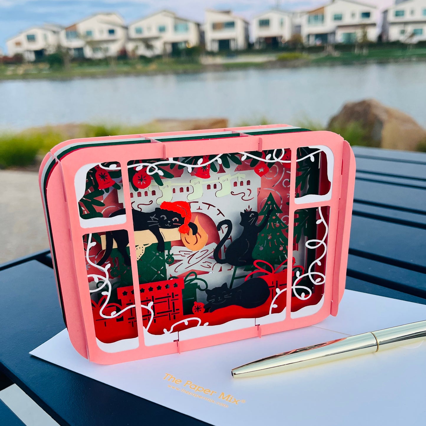 Christmas Holiday Night with Cats 3D Pop Up Greeting Card