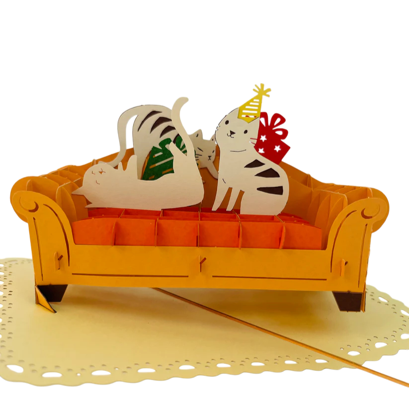 Cats Playing On Orange Couch 3D Pop Up Greeting Card