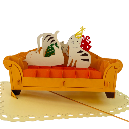 Cats Playing On Orange Couch 3D Pop Up Greeting Card