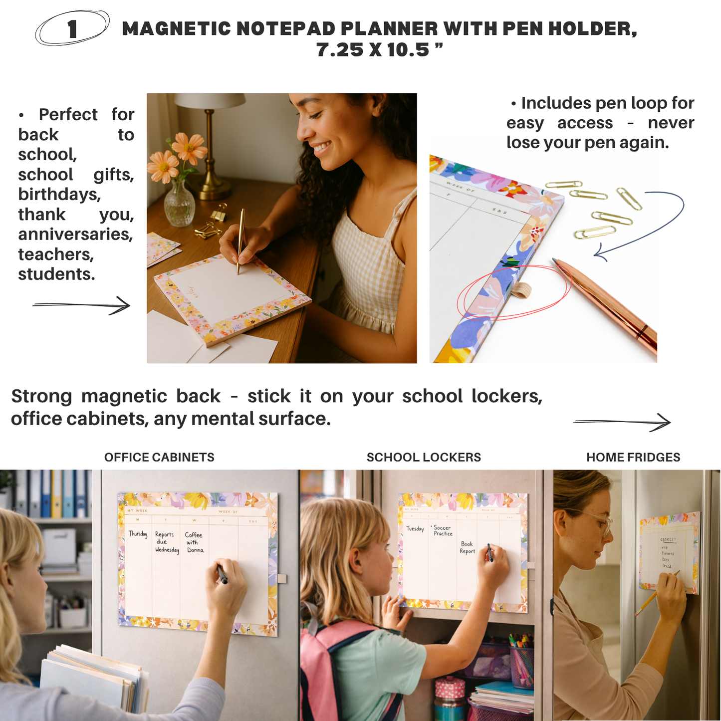 4 PACK MAGNETIC NOTEPADS for REFRIGERATOR with PEN HOLDER
