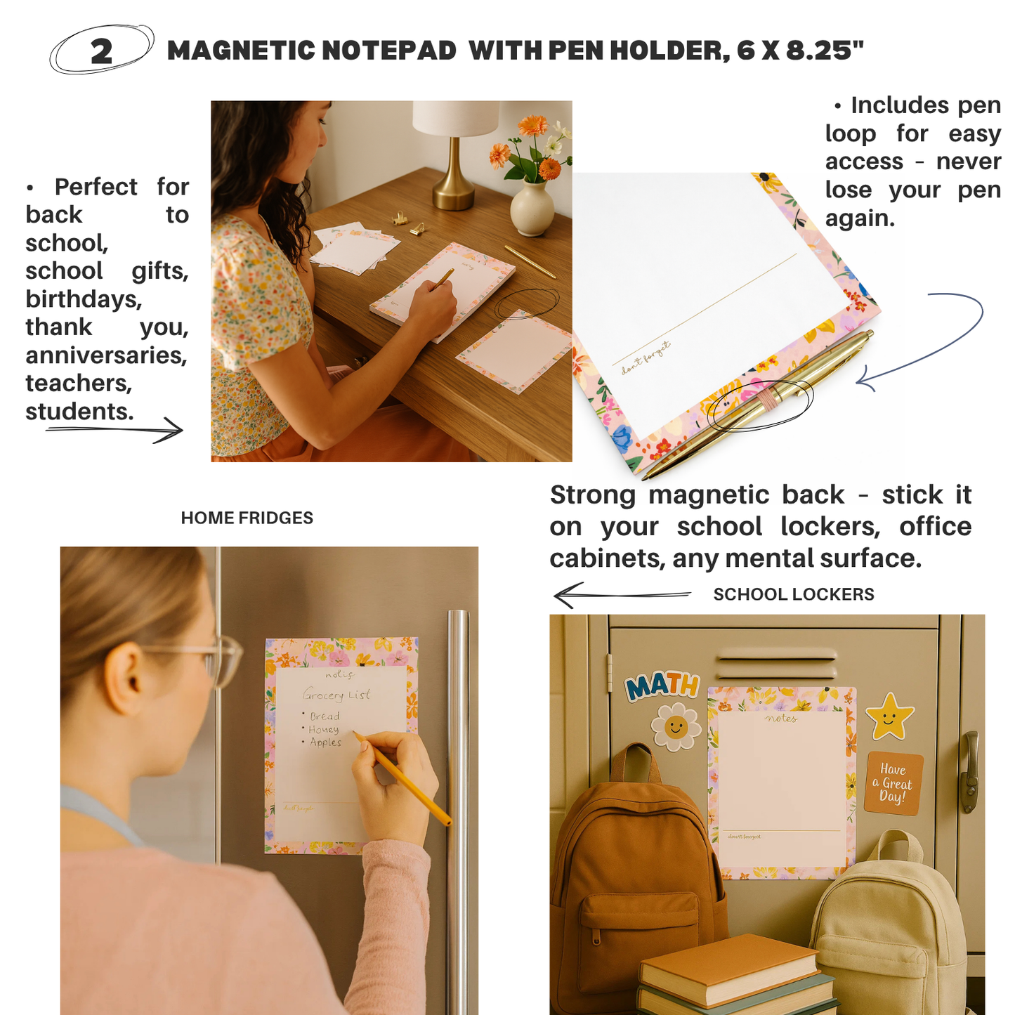 4 PACK MAGNETIC NOTEPADS for REFRIGERATOR with PEN HOLDER
