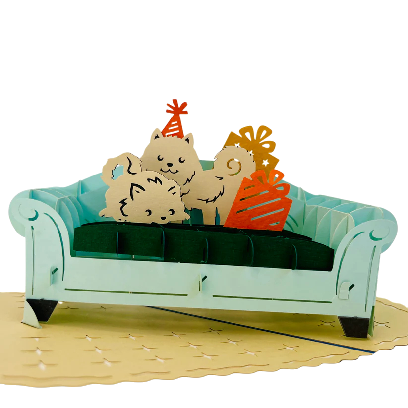 Dogs Lying On Blue Couch 3D Pop Up Greeting Card