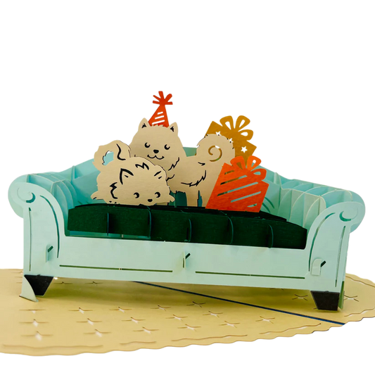 Dogs Lying On Blue Couch 3D Pop Up Greeting Card