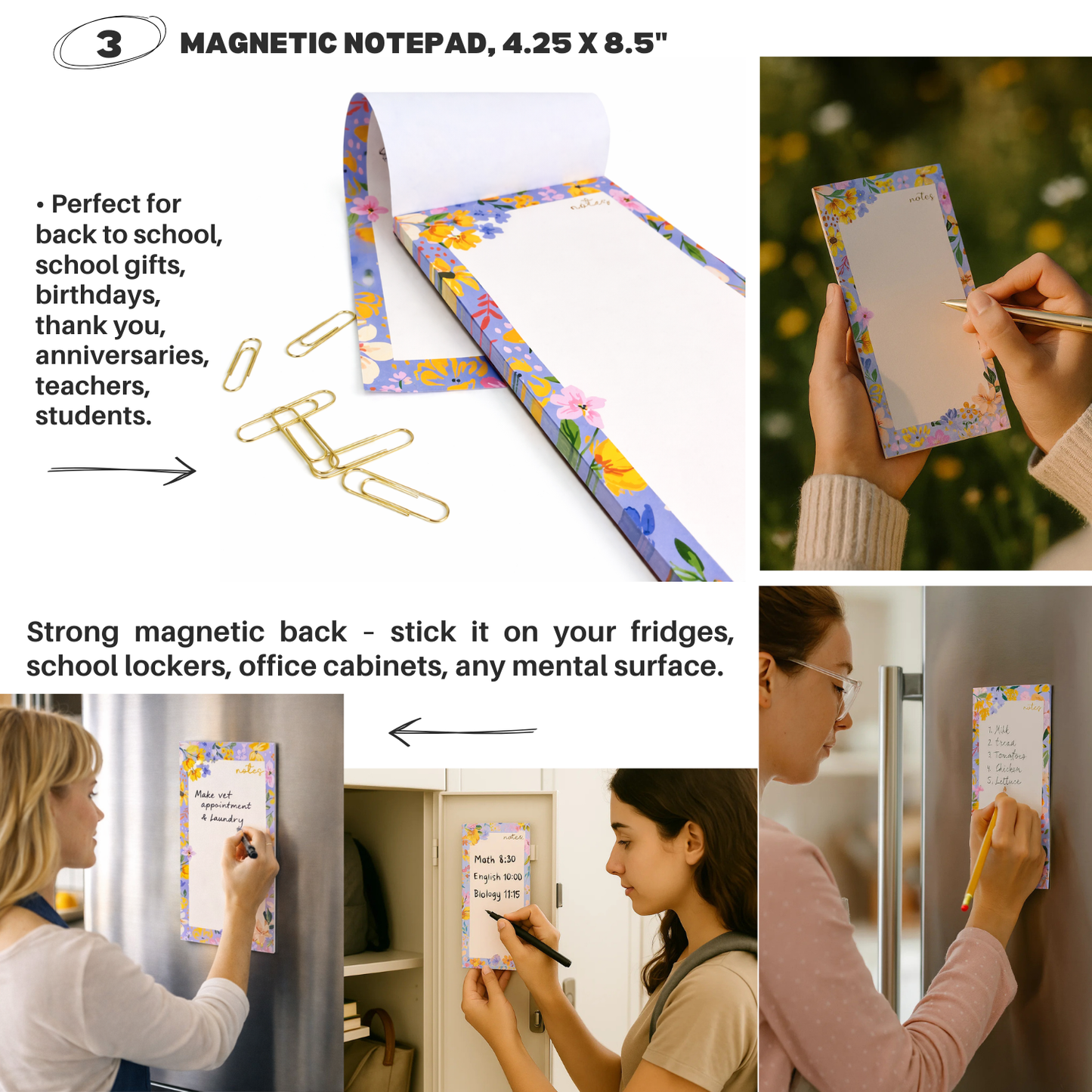 4 PACK MAGNETIC NOTEPADS for REFRIGERATOR with PEN HOLDER