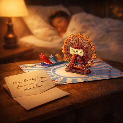 Ferris wheel pop-up card on a bedside table with a child sleeping in the background