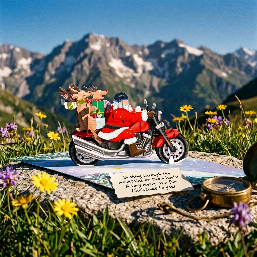Santa Claus Riding Motorcycle 3D Pop Up Greeting Card