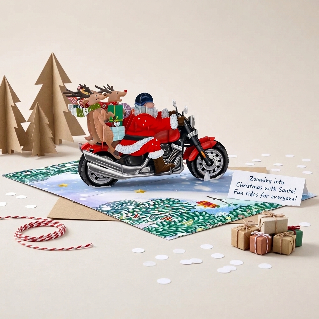 Santa Claus Riding Motorcycle 3D Pop Up Greeting Card