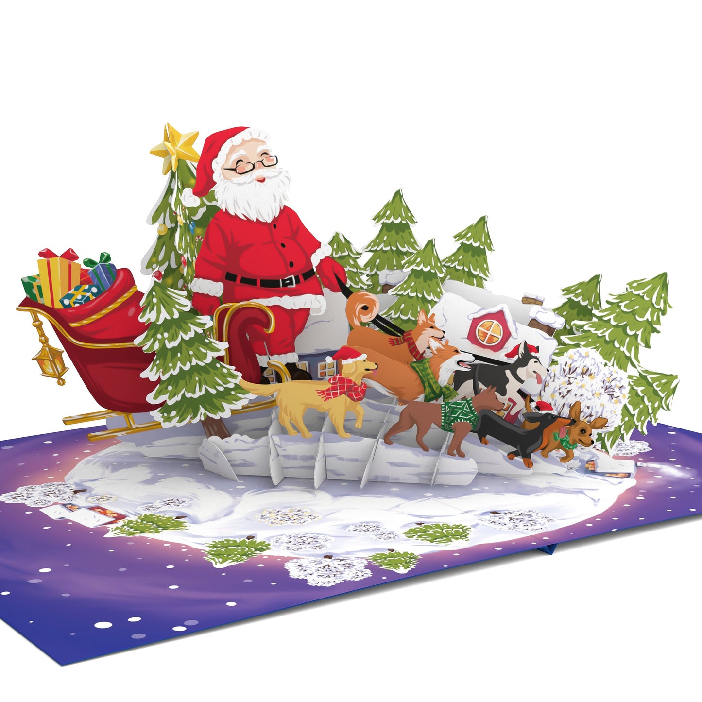 A 3D pop-up cardboard Christmas scene card featuring Santa Claus in his sleigh with reindeer, a decorated tree, and gifts on a snowy landscape base against a white background.