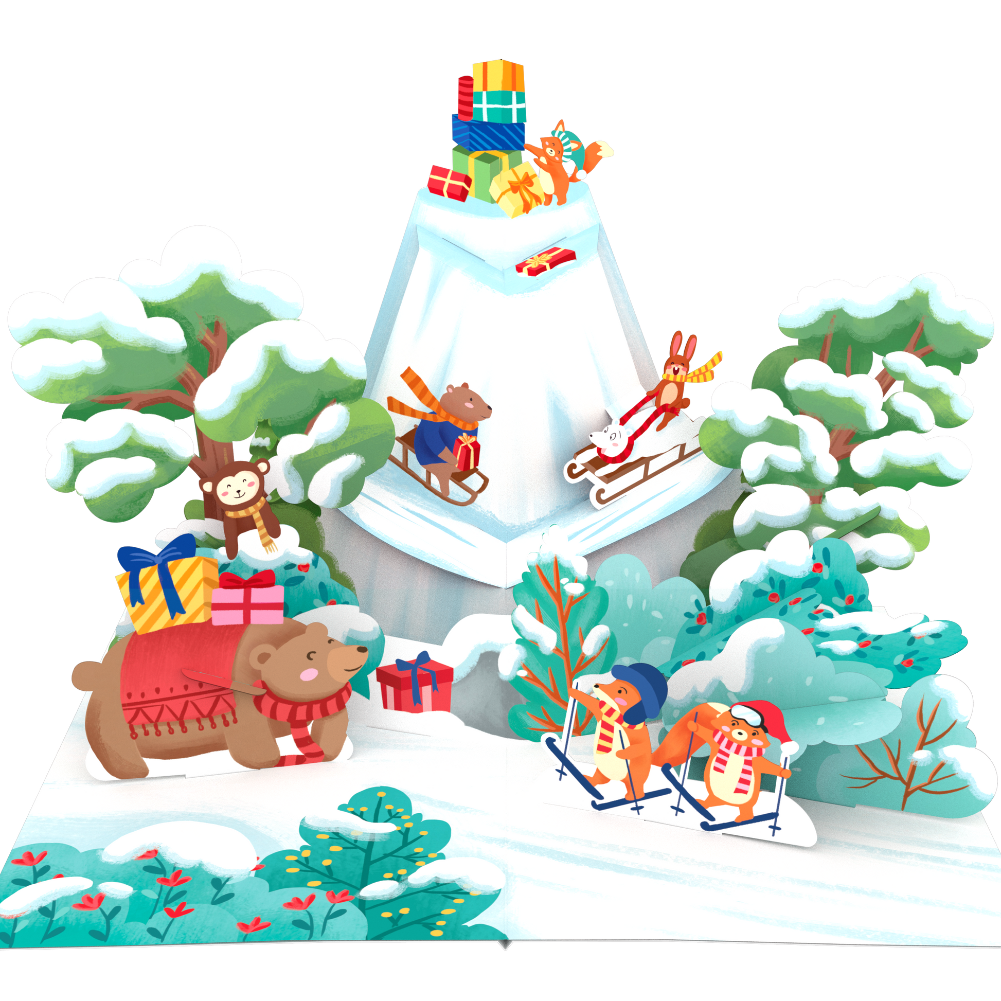 A 3D papercraft pop-up display featuring a winter Christmas scene with a snow-covered mountain, sleighs, a bear pulling a sled, a monkey riding a sled, and gift boxes, all set against a plain white background.
