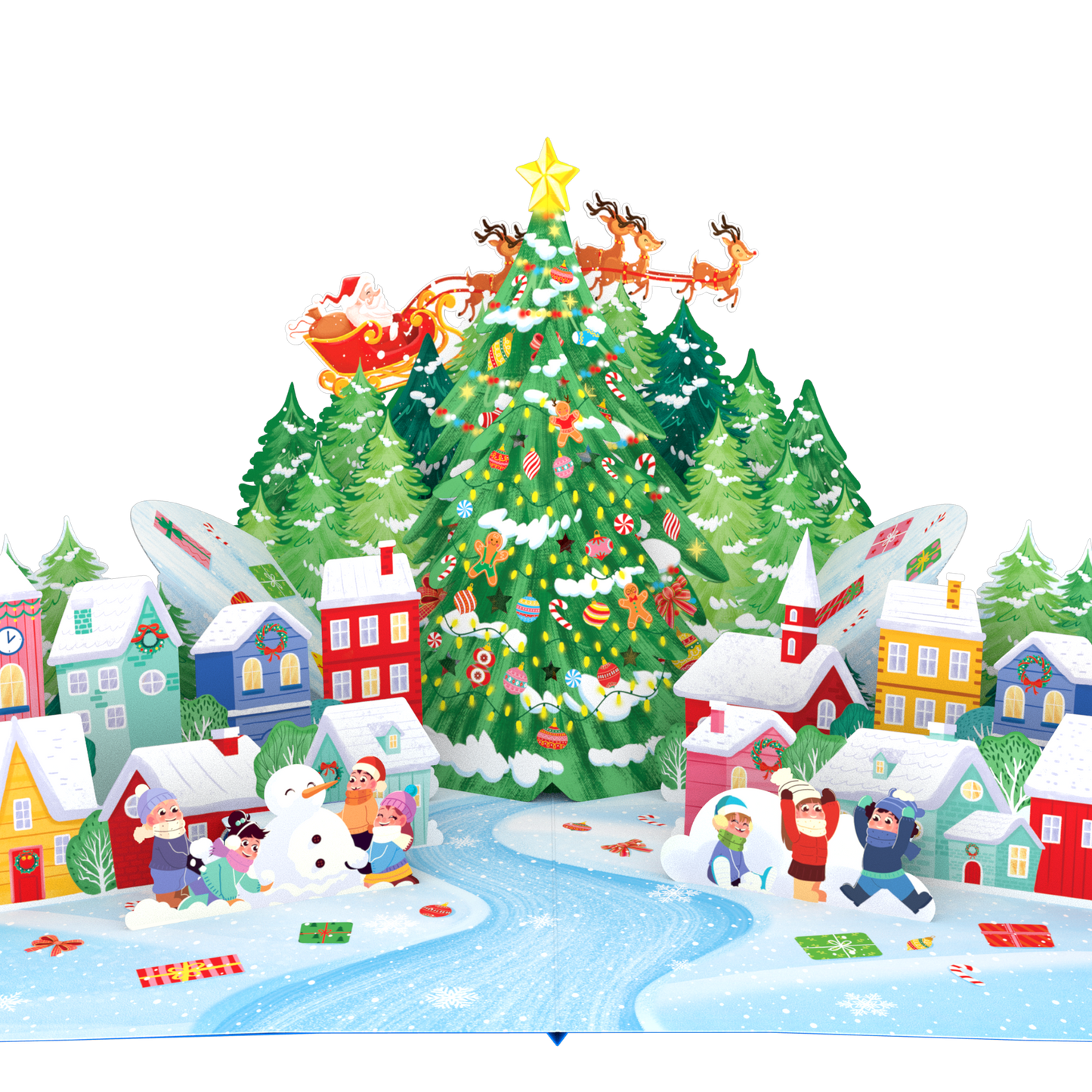 A colorful 3D pop-up cardboard Christmas village scene with a decorated Christmas tree, Santa in a sleigh, houses, snow, children, and a winding blue river on a white background.
