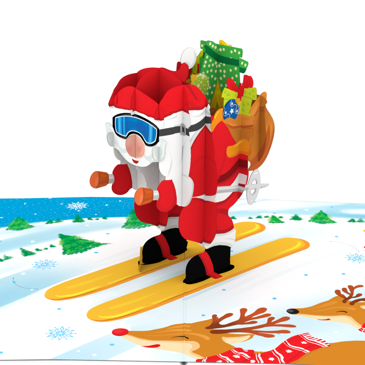 A 3D pop-up cardboard gift box featuring a festive Christmas winter scene. The design shows Santa Claus skiing down a snowy slope with a sack of gifts, accompanied by a penguin, reindeer, and pine tree, all set against a plain white background.