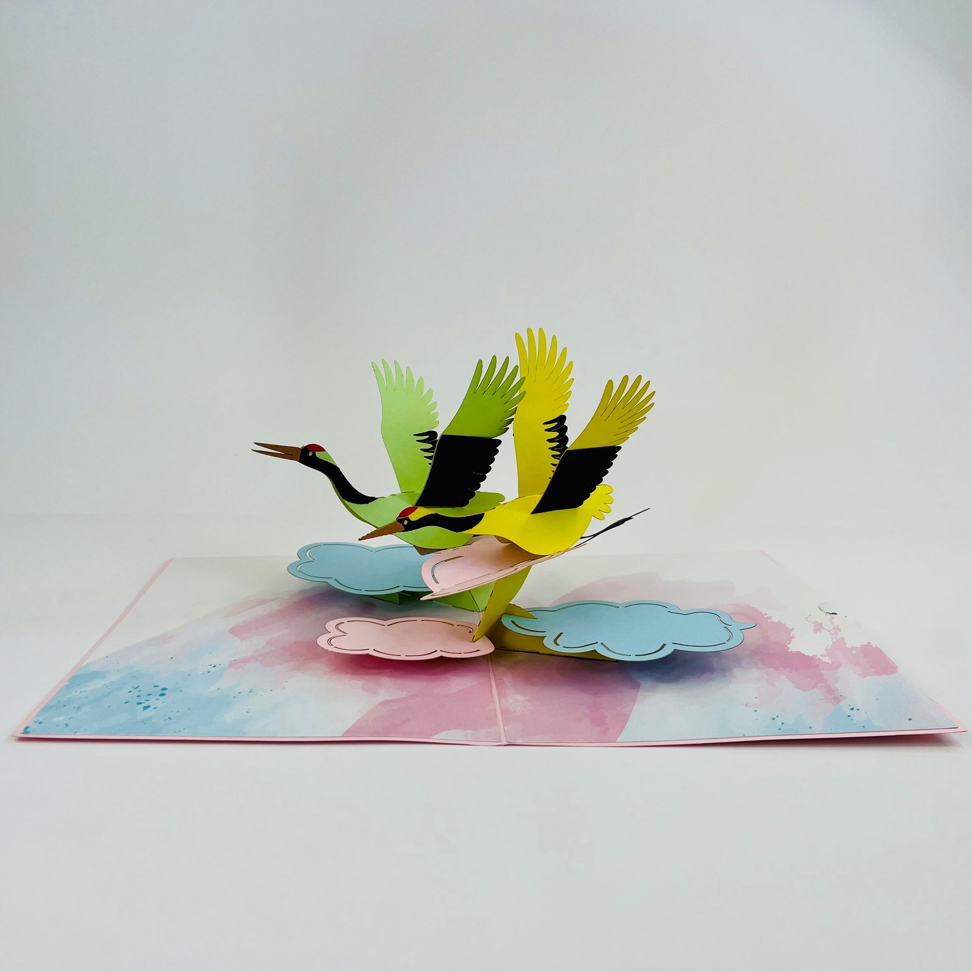 3D pop-up card with cranes on a watercolor background