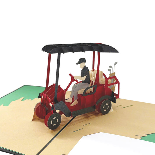 Pop-up card with a red car and person on a white background