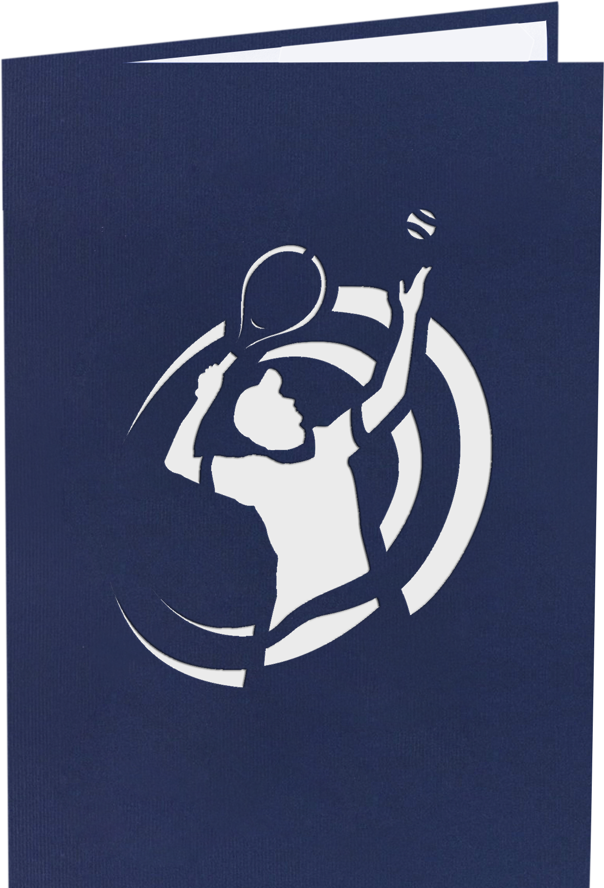 Navy blue card with white silhouette of a person playing tennis on the front