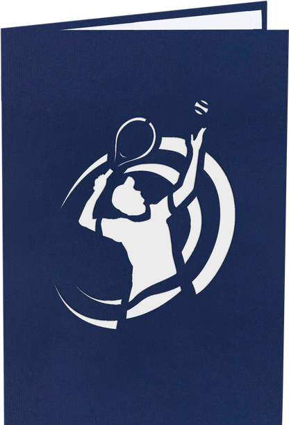 Navy blue card with white silhouette of a person playing tennis on the front