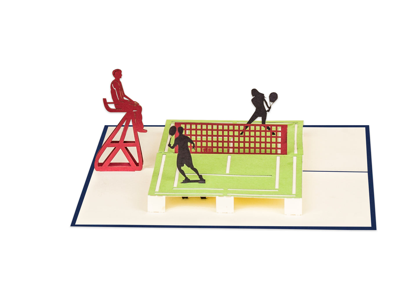 3D pop-up card of a table tennis match with players and net on a white background