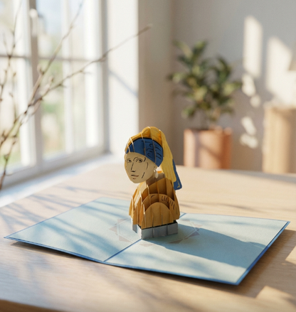 3D pop-up card of 'Girl with a Pearl Earring' by Johannes Vermeer on a table with sunlight streaming through a window.