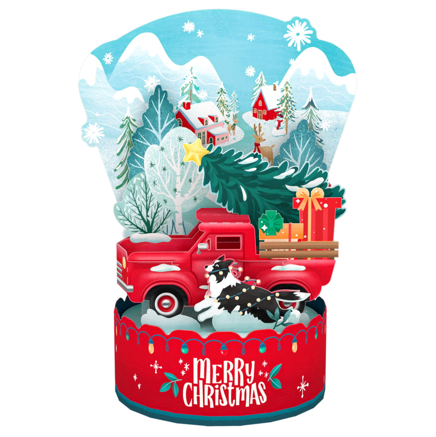 Christmas-themed card with a red truck, dog, and snowy landscape