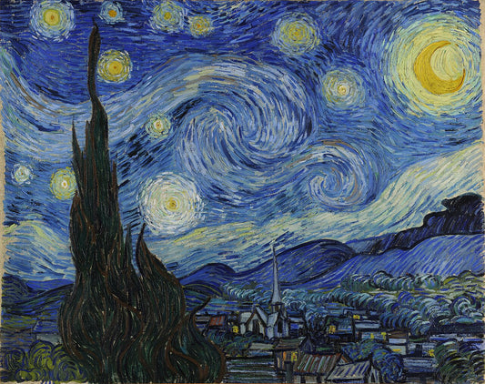 Starry Night painting by Vincent van Gogh with swirling night sky and dark trees.