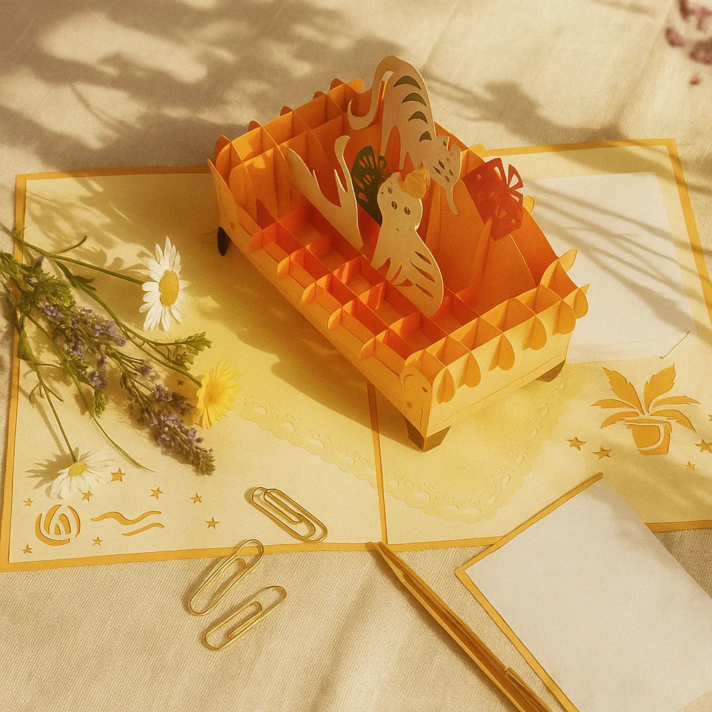 3D pop-up card with a tiger design on a yellow background with flowers and paper clips.