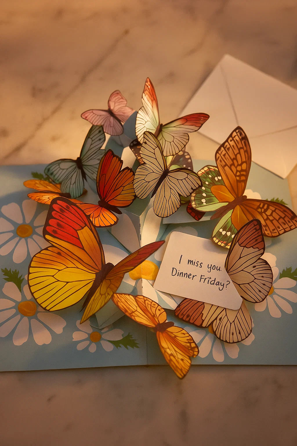 Greeting card with colorful butterflies and a note on a wooden surface