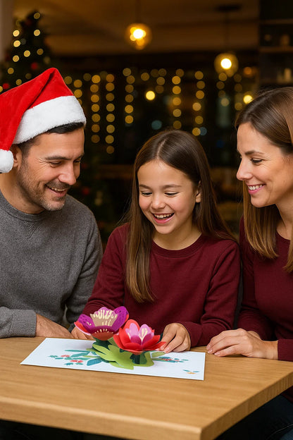 Family of three, including a father and mother with a child, sitting together at a table with a festive atmosphere.