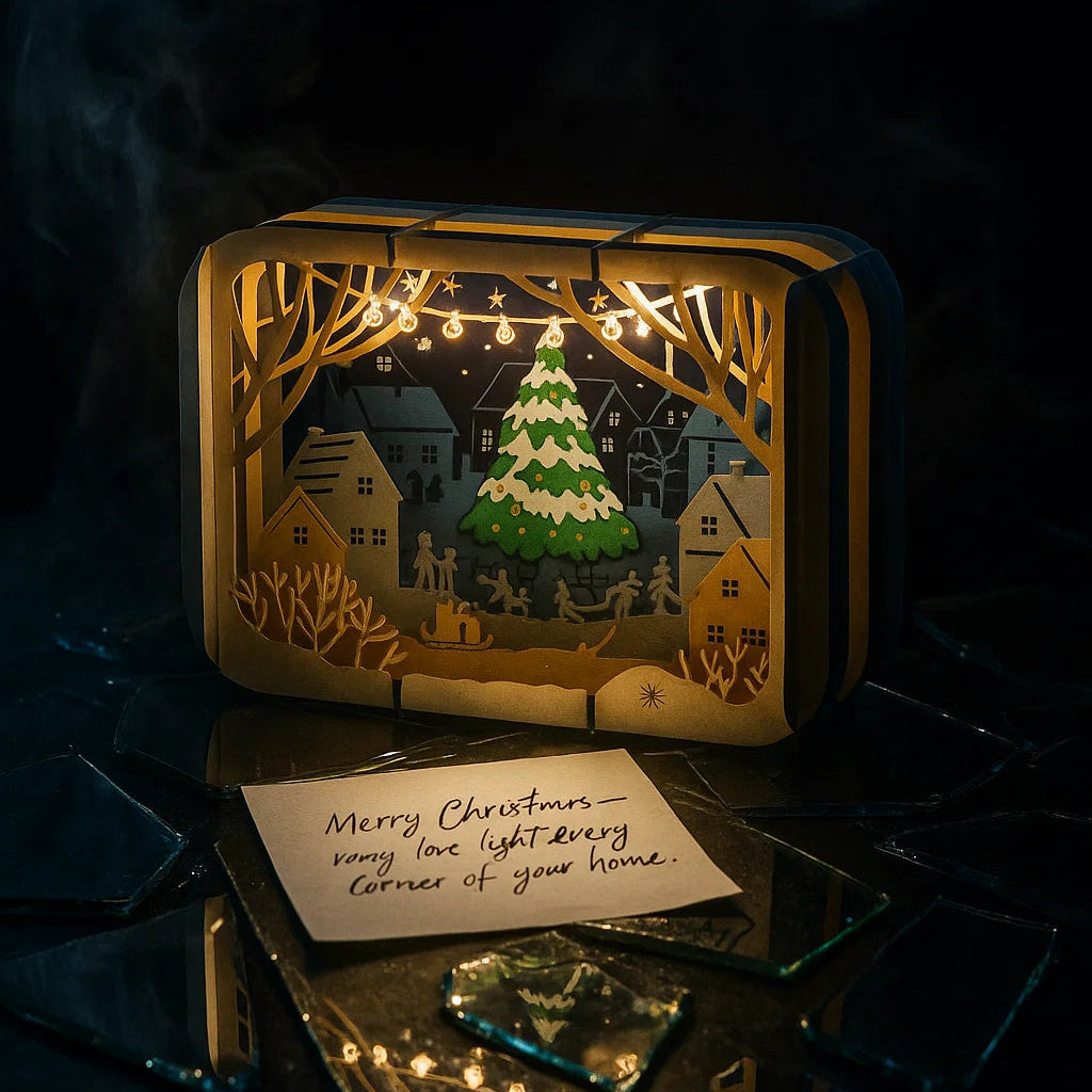 Decorative light box with a Christmas scene and 'Merry Christmas' card on a dark background