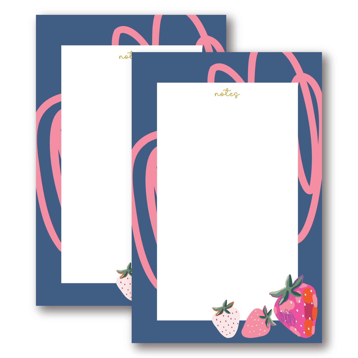 Two blue notepads with pink abstract designs and strawberry illustrations on a white background