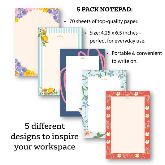 Set of 5 notepads with floral and abstract designs on a dark blue background