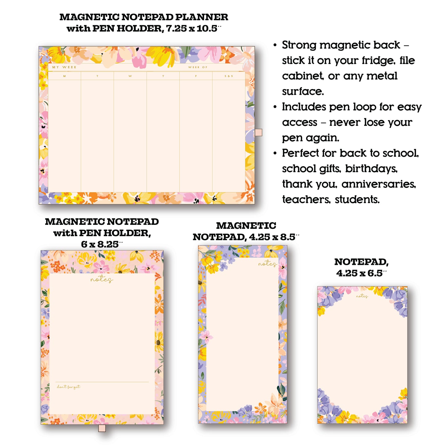 4 PACK MAGNETIC NOTEPADS for REFRIGERATOR with PEN HOLDER