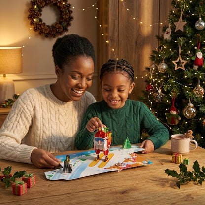 A woman and a young girl smile while playing with a colorful winter-themed board game at a wooden table, with a decorated Christmas tree, wreath, and warm string lights in the background.