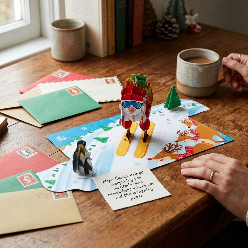 A handmade Christmas pop-up card on a wooden table, featuring a 3D Santa Claus on skis with a penguin and a small tree, surrounded by envelopes, mugs, and hands interacting with the card.