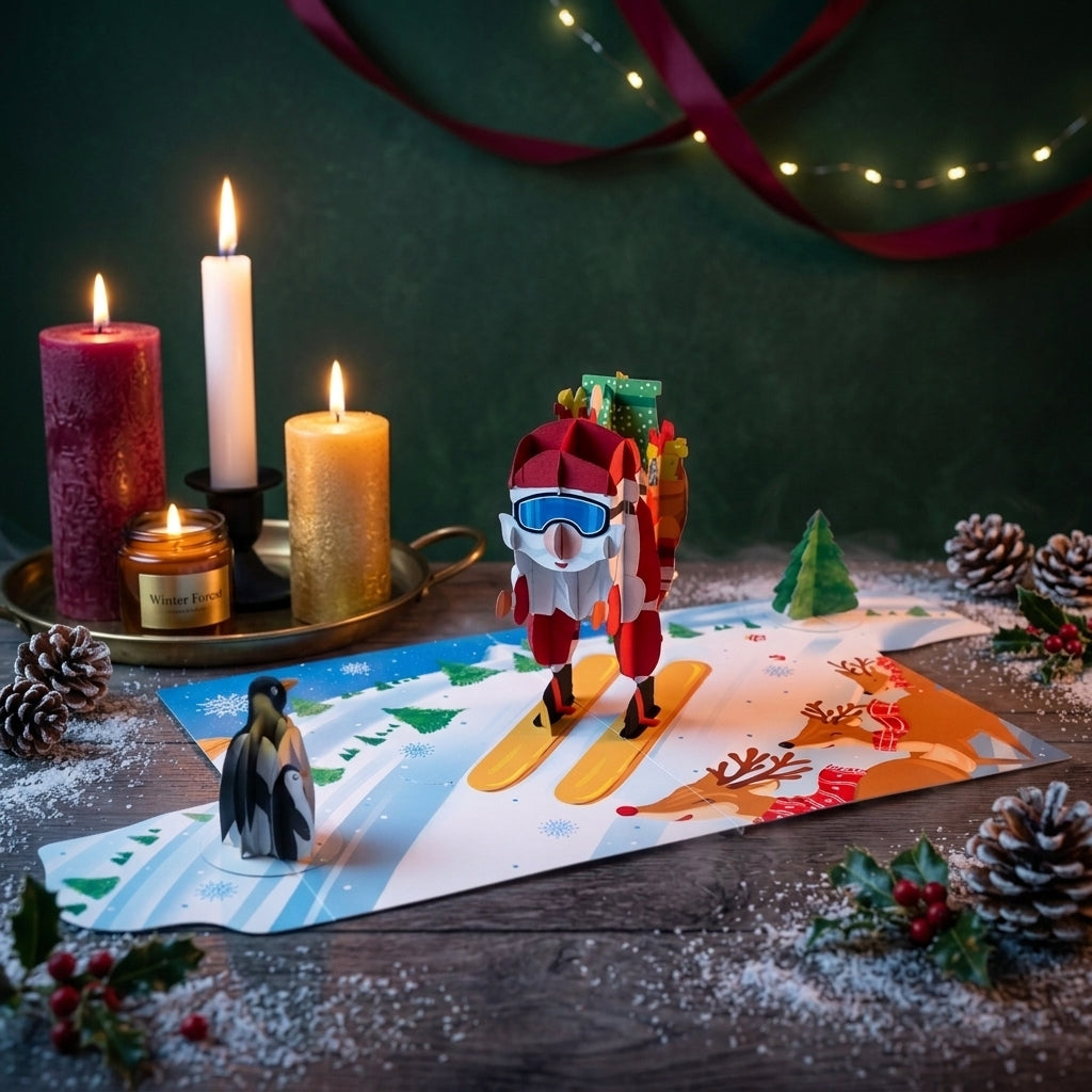 A festive tabletop scene with a small Santa Claus paper cutout wearing blue goggles and carrying gifts, standing on a printed snowy hill. A penguin figure is beside it, with lit candles, pinecones, ribbon, and holiday greenery around the setup.
