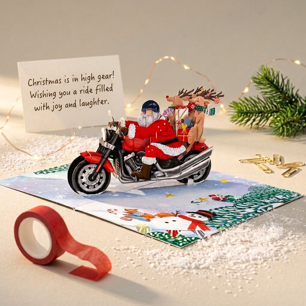 Santa Claus Riding Motorcycle 3D Pop Up Greeting Card