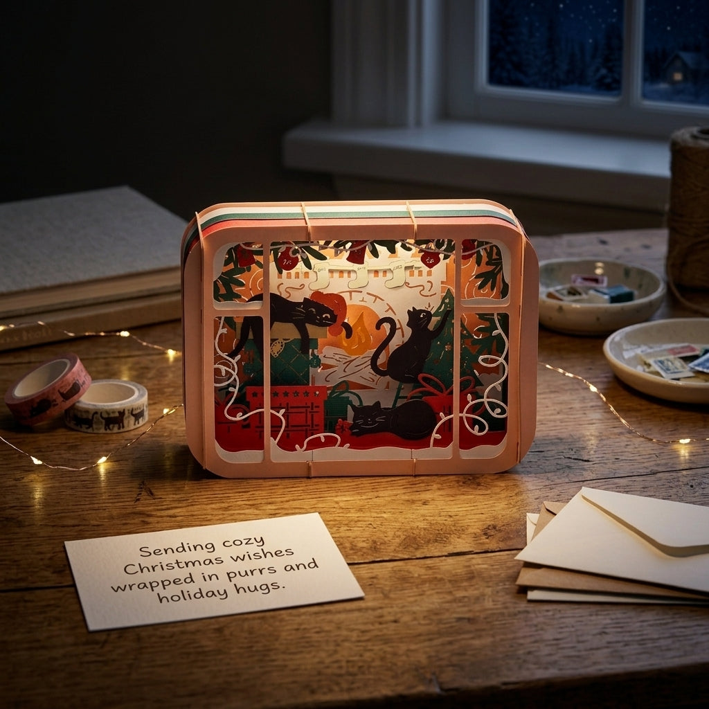 Christmas Holiday Night with Cats 3D Pop Up Greeting Card