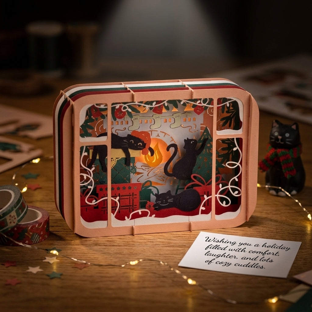 Christmas Holiday Night with Cats 3D Pop Up Greeting Card