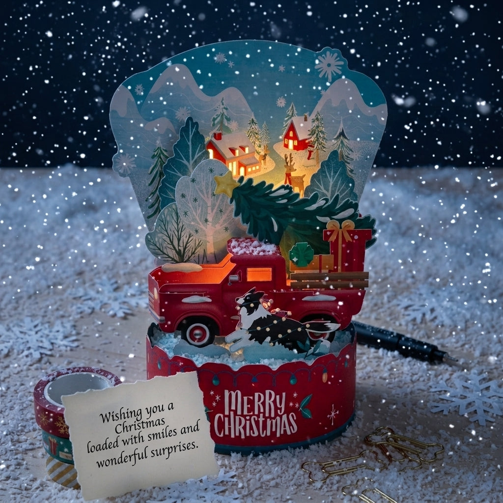 Merry Christmas Truck with Puppy 3D Pop Up Greeting Card