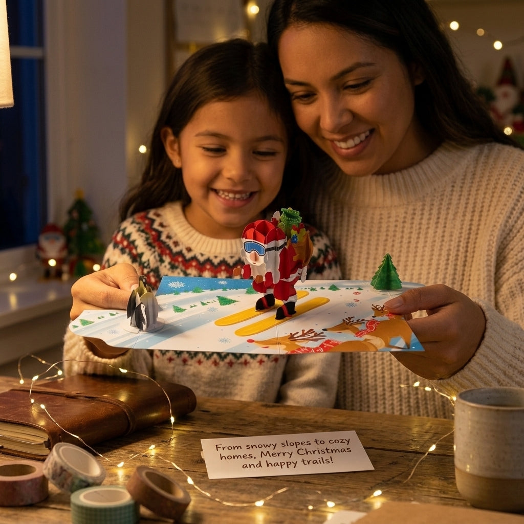 A woman and a young girl smile while holding a handmade pop-up Christmas card at a wooden table decorated with fairy lights and gift tapes. The card features a colorful pop-up Santa Claus on a snowy slope.