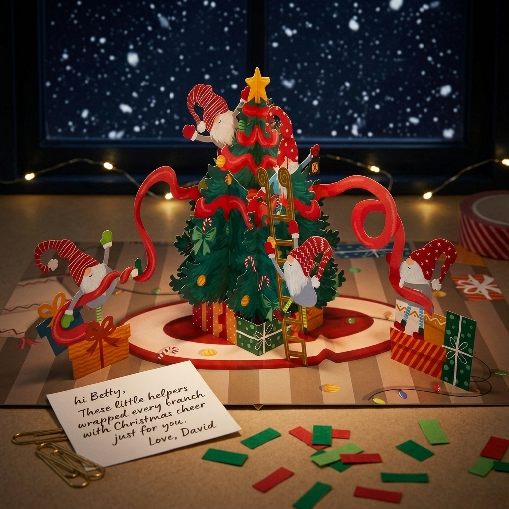 Gnomes Decorating Christmas Tree 3D Pop Up Card