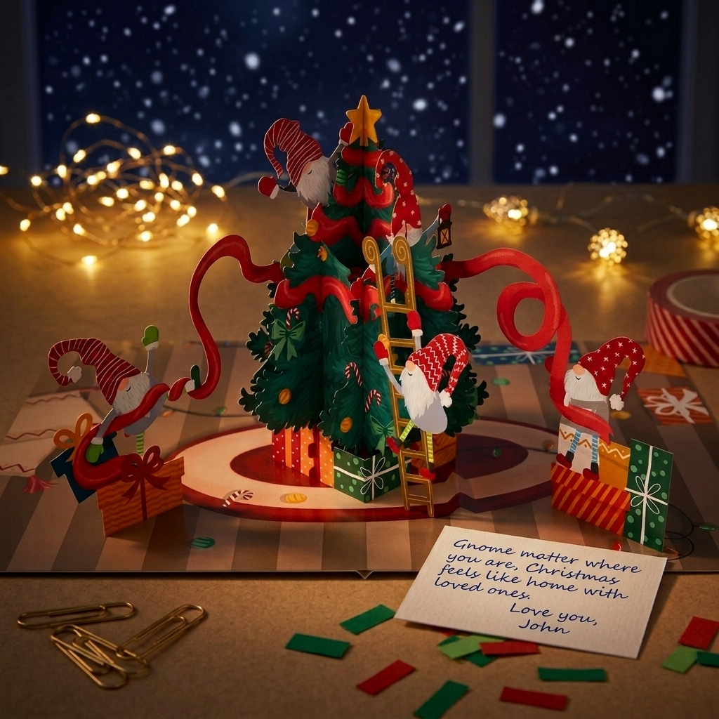 Gnomes Decorating Christmas Tree 3D Pop Up Card