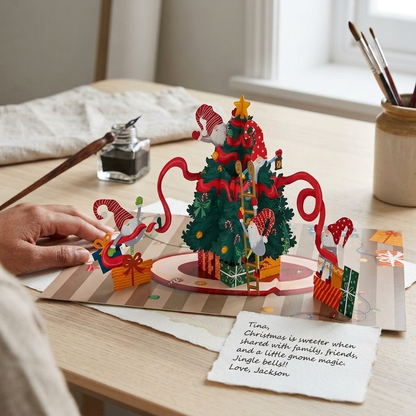 Gnomes Decorating Christmas Tree 3D Pop Up Card