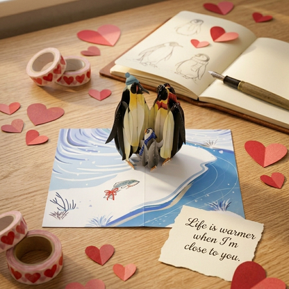 Penguin Family in Love 3D Pop Up Greeting Card